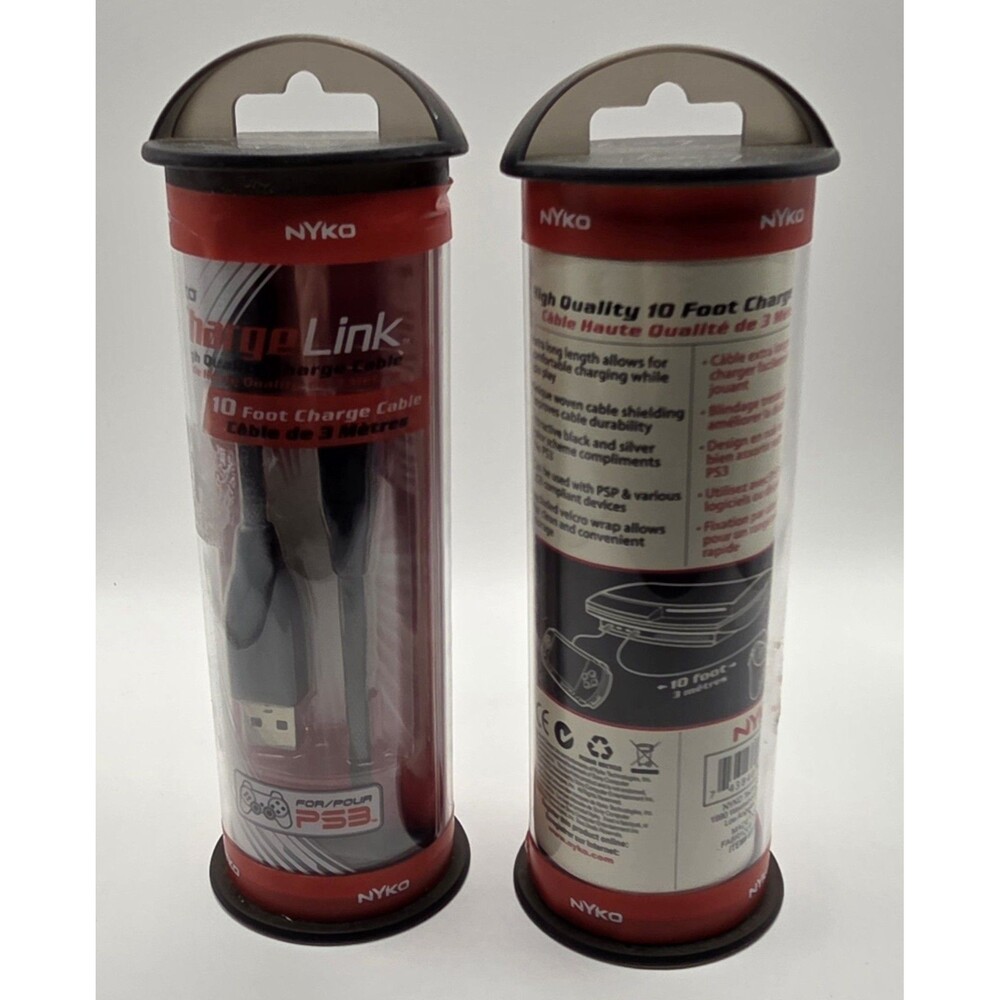 Lot of 2 Near Vtg Nyko Charge Link PS3 Braided Cables 10ft Mini USB Sealed NWT